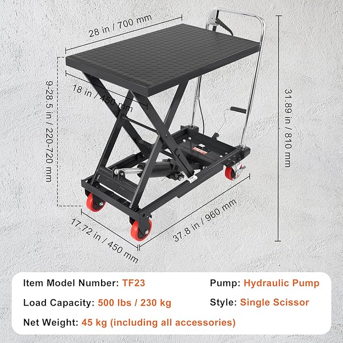 VEVOR Hydraulic Lift Table Cart, 500lbs Capacity 28.5" Lifting Height, Manual Single Scissor Lift Table with 4 Wheels and Non-Slip Pad, Hydraulic Scissor Cart for Material Handling, Black