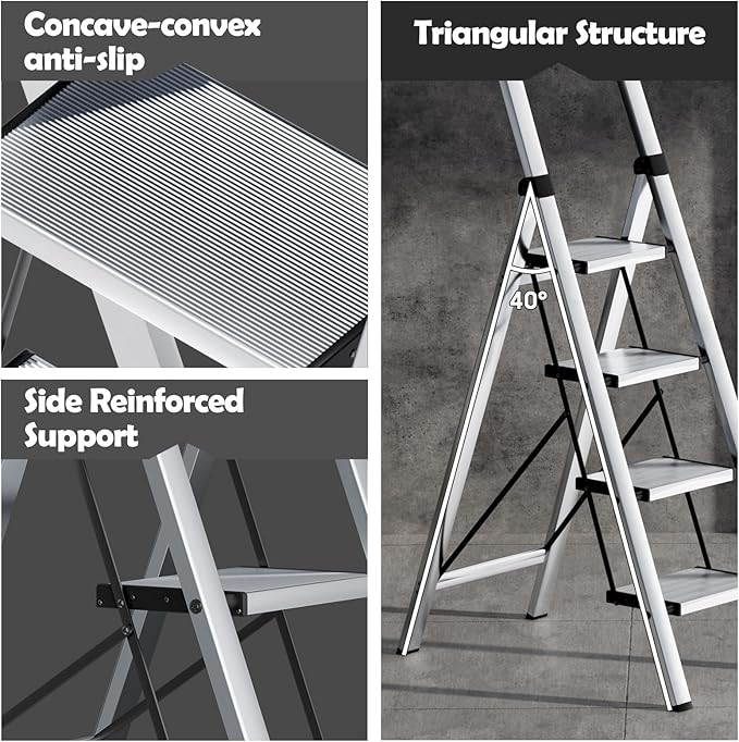 Taranta 4 Step Ladder, Portable Folding Ladder with Wide Pedal, Lightweight Aluminum Step Stool with Convenient Handgrip, 330 lbs Capacity Stepladder for Home, Office - Silver
