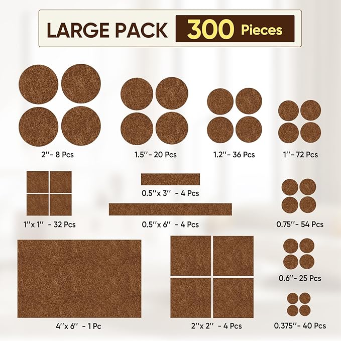 BALEINE 300PCS Felt Furniture Pads, Multi-Size Felt Pads for Chair Legs, Tables, Beds, Scratch-Reducing Floor Protectors for Hardwood Floors, Tile, Vinyl, and Laminate (300PCS, Brown)