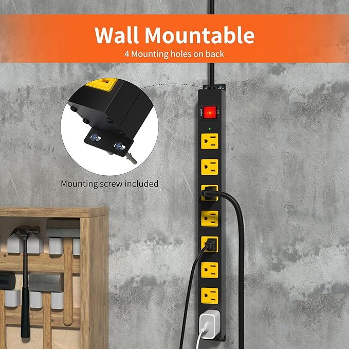 Heavy Duty Surge Protector 8 Outlet Long Power Strip Extension Cord Wide Spaced and Wall Mount Metal Powerstrip for Home Office Workshop Garage (10FT)