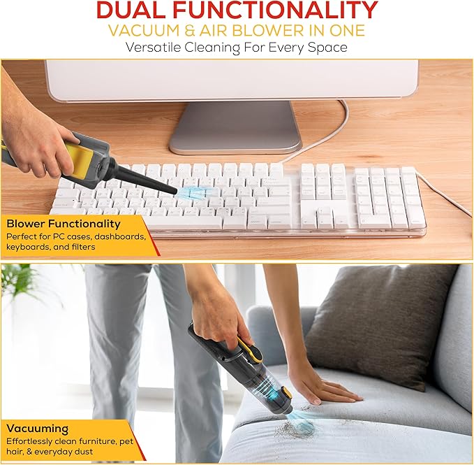 Car Vaccum Cleaner - 2 in 1 Handheld dustbuster, High Power, Portable, Cordless & Corded + Blower with 18500Pa Suction - Fast USB-C Rechargeable Hand Vacuum for Home, Office, Pets & Auto Detailing