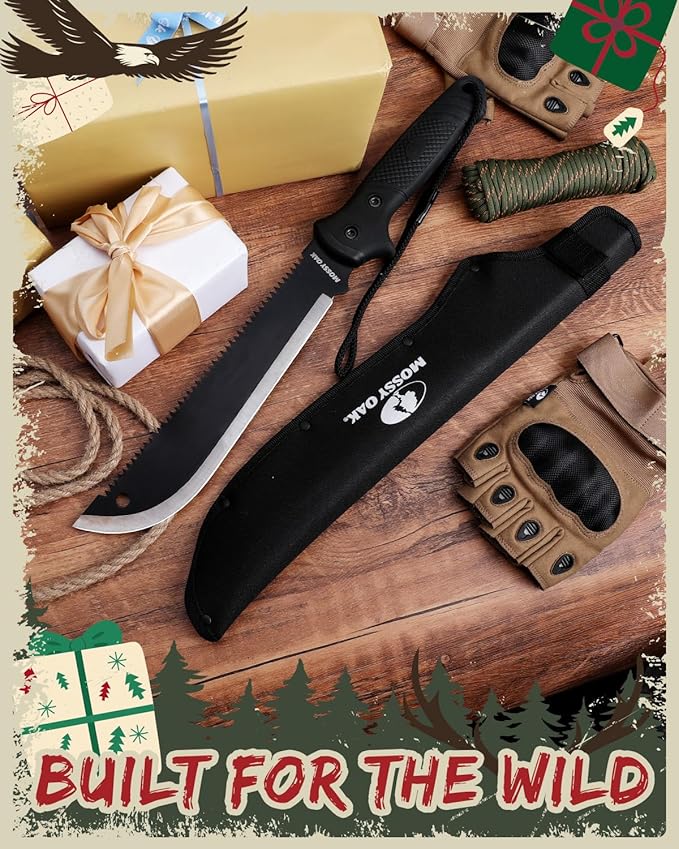 MOSSY OAK Machete with Saw, 19" Sharp Machete with Sheath, Ergonomic No-Slip Handle, Machetes for Bushcraft, Outdoor Hunting, Garden Cutting Trees and Yard Work