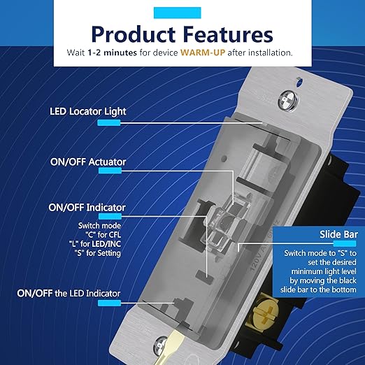 LIDER Dimmer Paddle Switch for Dimmable 300W LED/CFL Lights, 1-Pole or 3-Way, 120 V, Modern Upgrade, UL Listed, Wall Plate Included, Gray