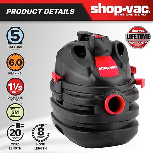 Shop-Vac 5 Gallon 6.0 Peak HP Portable Wet/Dry Vacuum, 1-1/2 Inch Diameter x 8 Foot Hose, 20 Foot Cord, Ideal for Jobsite, Garage, Workshop & Home