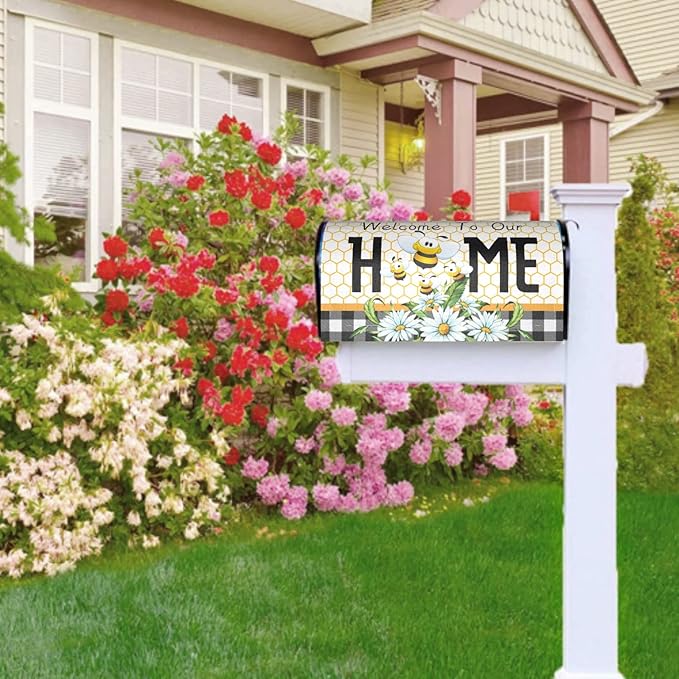 Summer Bee Buffalo Plaid Mailbox Cover Spring Daisy Floral Mailbox Cover Magnetic Standard Size 21" x 18" Farmhouse Rustic Welcome To Our Home Mail Box Covers Garden Yard Home Decor for Outdoor