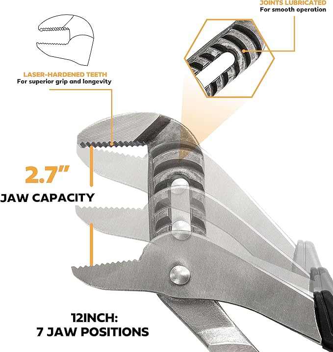 Olympia Tools 12-Inch Tongue and Groove Pliers, Straight Jaw Pliers with Cushion grip, 7 Jaw positions, 2.7" Jaw Capacity