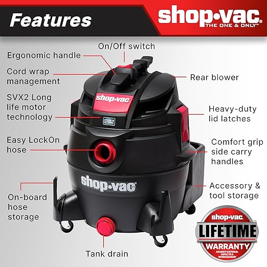 Shop-Vac 5801611 Wet Dry Vac with SVX2 Motor Technology, 16 Gallon, 2-1/2 Inch x 8 Foot Lock-On Hose, 150 CFM, (1-Pack) , Black