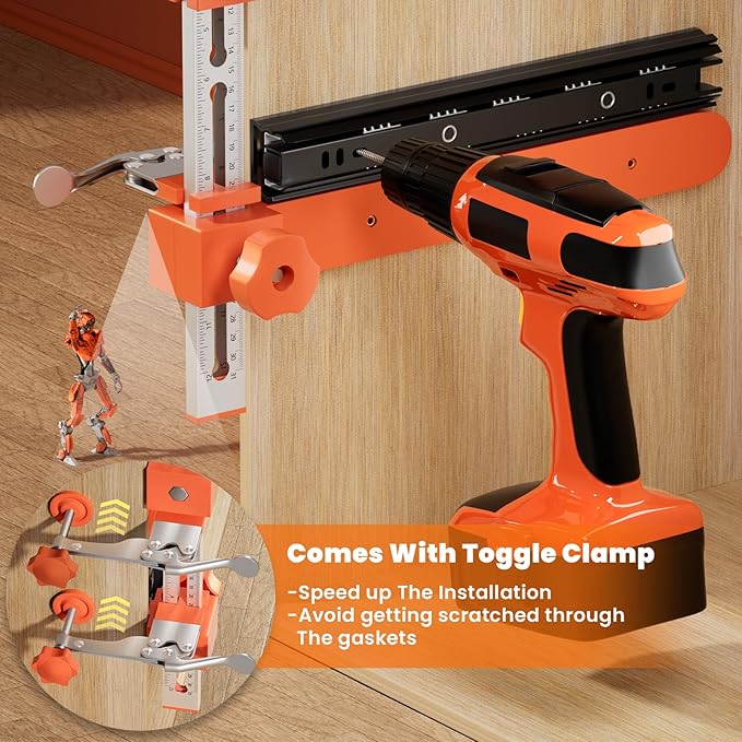 2.0 Adjustable Drawer Slide Jig With Toggle Clamp & Magnetic Arm, Precision Cabinet Drawer Jig Tool With Laser-Engraved Dual-Scale Mark For Mounting Drawer Slide, Providing Easy Installation