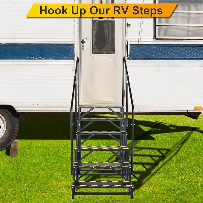 RV Steps with Handrail, Hot Tub Steps with Handrail, Portable Stairs Steps for 5th Wheel RV, Mobile Home Stairs Outdoor RV Step (6 Steps with 2 Handrails)