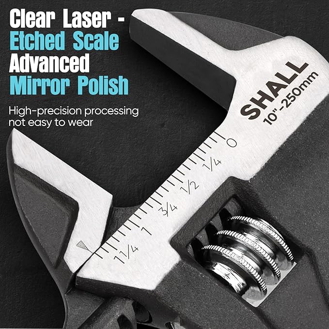 SHALL 3-Piece Adjustable Wrench Set, 10/8/6 Inch Cr-V Steel Wrench with Cushion Grip, Wide Jaw Black Oxide Wrench with Laser-etched SAE Scales for Home, Garage, Workshop and DIY