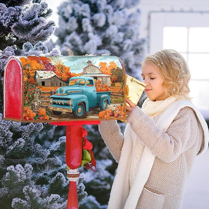 Kawani Fall Mailbox Cover - Autumn Harvest Thanksgiving Pumpkin Farm Truck Magnetic Standard Size 21x18 Inch Rustic Waterproof Post Box Wrap Garden Yard Decor for Outdoor