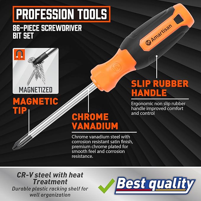 Amartisan 86-Piece Magnetic Screwdrivers Set with Case, Includs Slotted, Phillips, Hex, Pozidriv,Torx and Precision Screwdriver Set, Magnetizer Demagnetizer Tools, Tools for Men