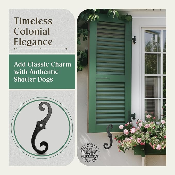 Renovators Supply Cast Aluminum Shutter Fasteners - Decorative S Style Shutter Dogs Hardware - Weatherproof Powder Coated External Shutter Tieback Including Mounting Screws - 6.5 Inches, Pack of 6