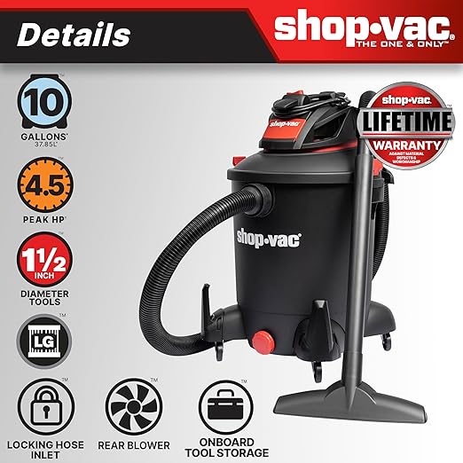 Shop-Vac 5761011 10 Gallon Wet/Dry Shop Vacuum, 4.5 Peak HP, 1.5 Inch Diameter x 7 Foot Hose, 20 Foot Cord, Ideal for Home, Garage, and Workshop Cleaning