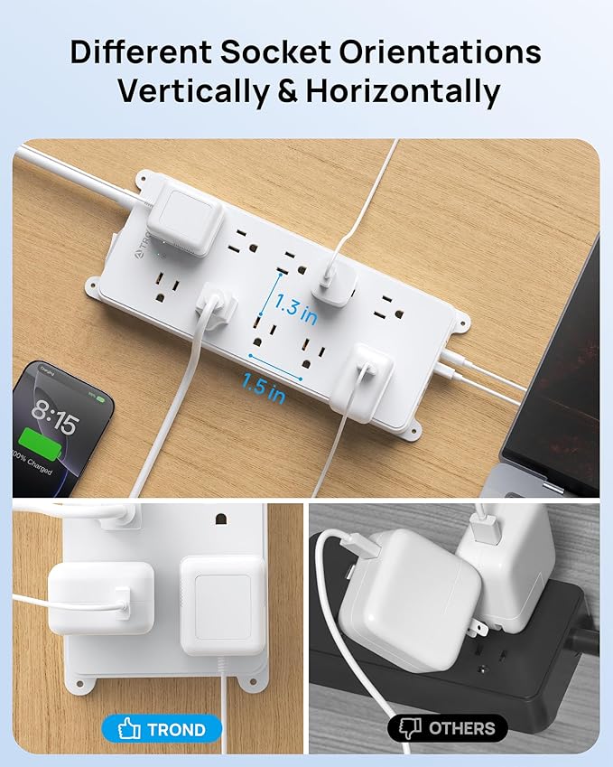 TROND 360° Rotating Plug Surge Protector Power Strip, 4000J, ETL Listed, 2 USB A and 2 USB C, 10 Widely Spaced Outlets, Flat Plug 5ft Extension Cord, Wall Mountable, for Home Office, White