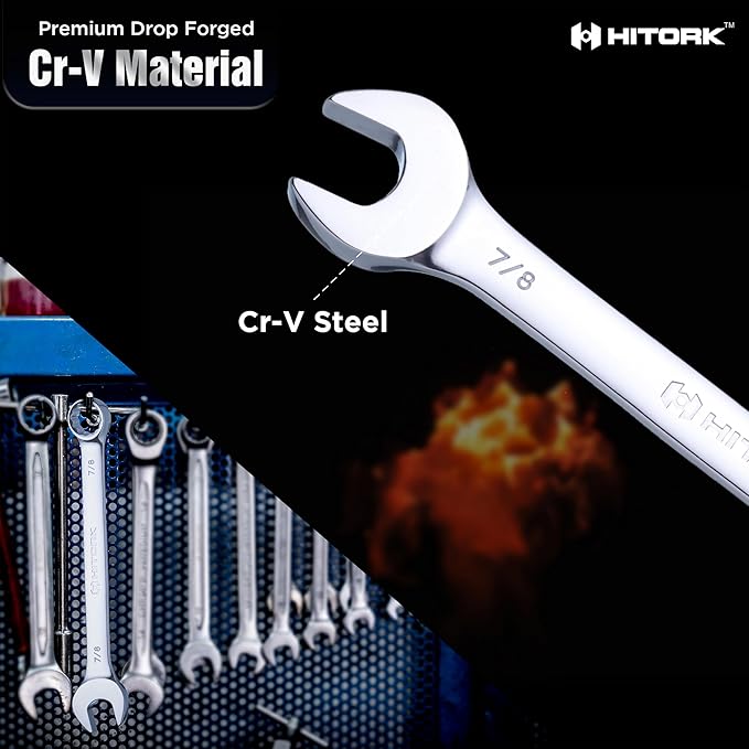 Hitork 24-Piece Combination Wrench Set, SAE (1/4"–1") & Metric (8–24mm), Cr-V Steel, Mirror Chrome Finish, 12-Point Box End, 15° Offset, with Roll Pouch – Ideal for Home, Garage & Auto Repair