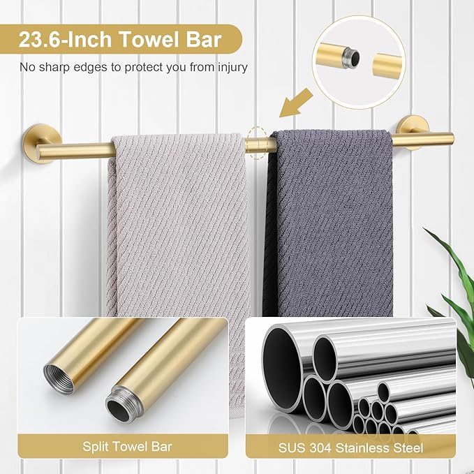 TQKAG Brushed Gold Bathroom Hardware Set 6-Piece Bathroom Accessory Set 23.6 Inch Round Stainless Steel Towel Bar Set Wall Mounted