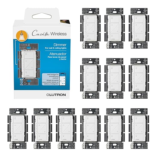 Lutron Caseta Original Smart Dimmer Switch (Lutron Smart Hub Required), for LED Lights, 150 Watt, Single-Pole/3-Way, No Neutral Required, PD-6WCL-WH, White, 12 Pack