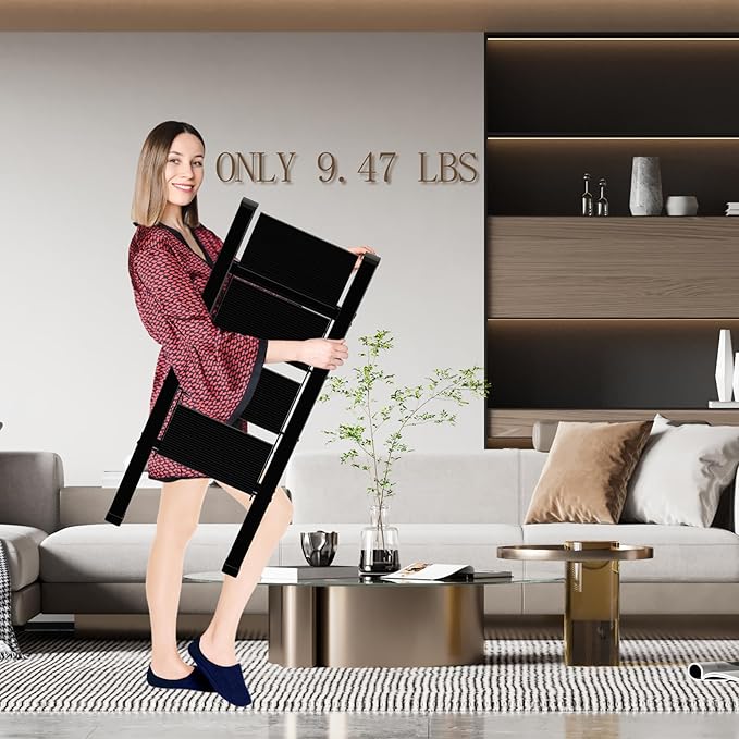 Lightweight Folding Step Ladder Household, Aluminum 4 Step Ladder Foldable for Home, Sturdy Step Stool for Adults 330 Lbs - Black