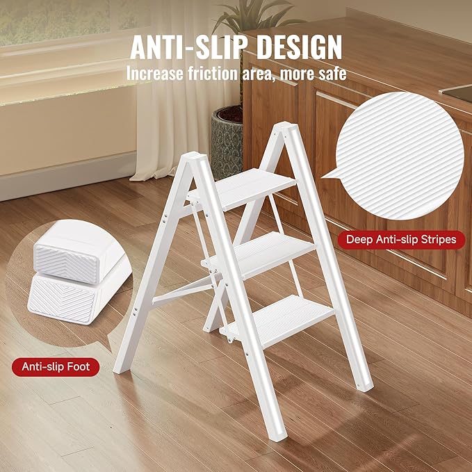 GameGem 3 Step Ladder, Aluminum Folding Step Stool with Anti-Slip Sturdy and Wide Pedal, Lightweight Portable Stepladder for Home and Kitchen Use Space Saving, Cream White, 330 lbs