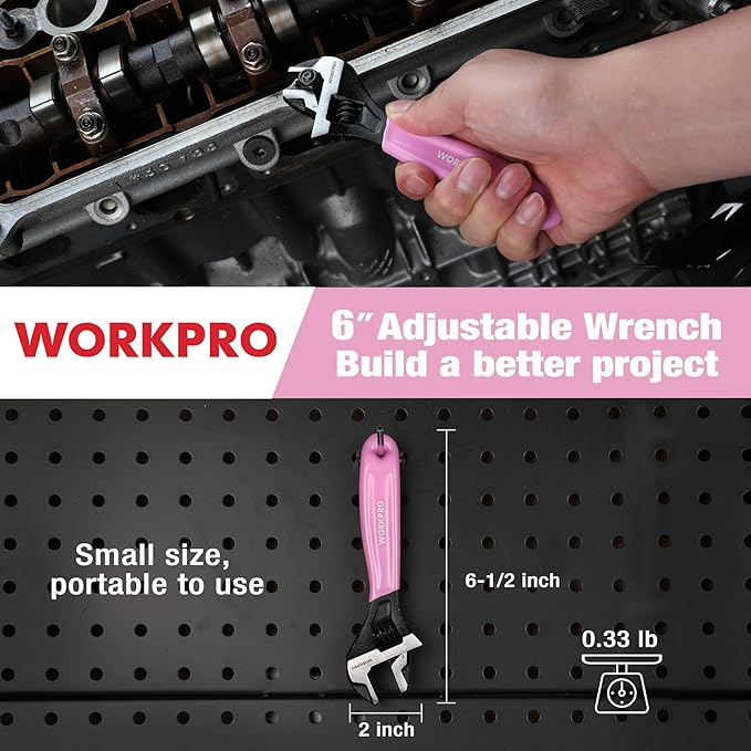 WORKPRO 6-Inch Pink Adjustable Wrench, Cr-V Steel, Wide Jaw Black Oxide Wrench, Metric & SAE Scales, for Home, Garage, Workshop and DIY-Pink Ribbon
