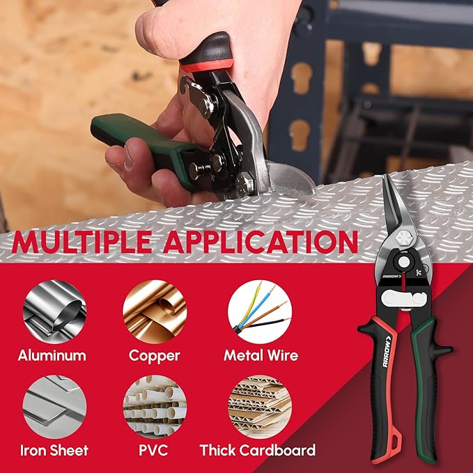 ARROW 8-inch Tin Snips for Cutting Metal Sheet, CR-V Steel Aviation Snips, High Leverage Labor-saving Metal Cutter, Right Cut
