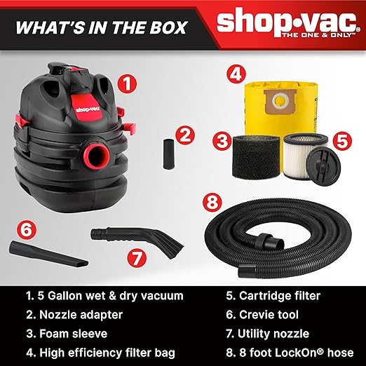 Shop-Vac 5 Gallon 6.0 Peak HP Portable Wet/Dry Vacuum, 1-1/2 Inch Diameter x 8 Foot Hose, 20 Foot Cord, Ideal for Jobsite, Garage, Workshop & Home