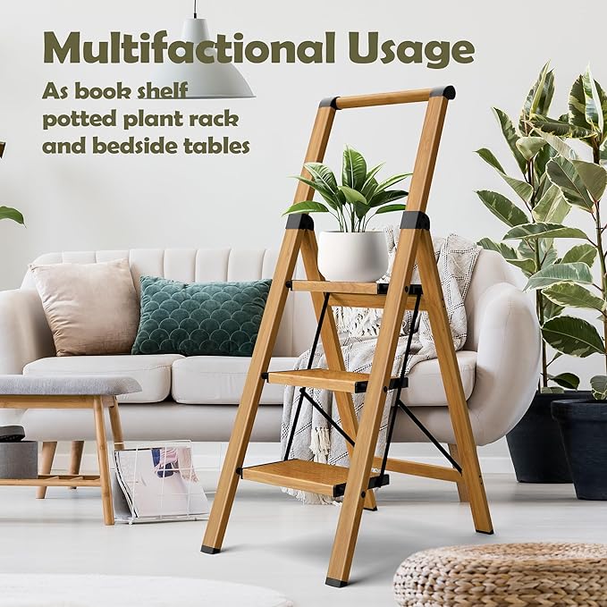 Taranta 3 Step Ladder, Portable Folding Ladder with Wide Pedal, Lightweight Aluminum Step Stool with Convenient Handgrip, 330 lbs Capacity Stepladder for Home, Office - Woodgrain