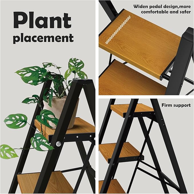 Taranta 3 Step Ladder,Aluminum Lightweight Folding 3 Step Stool with Anti-Slip Wide Pedal, 330lbs Capacity Step Ladder for Household,Kitchen,Office - BlackWoodgrain