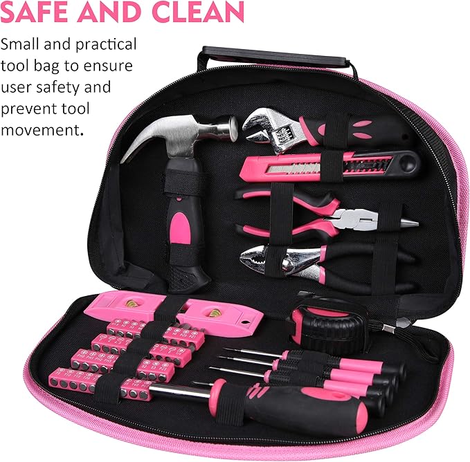 CARTMAN 52 Piece Tool Set Hand Tool Set with Easy Carrying Round Pouch - Perfect for DIY Pink