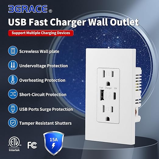 USB Wall Outlet, Charger Outlets Receptacles with 4.2A USB C Ports, 15 Amp Duplex Tamper Resistant Receptacle Plug with USB Electrical Outlet, Wall Plate Included, ETL Listed,White, 1 Pack