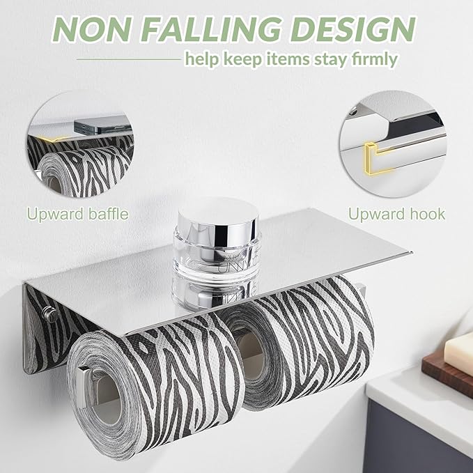 APLusee Double Toilet Paper Holder with Phone Shelf, 304 Stainless Steel Bathroom Tissue Hanger, Wall Mounted Dual Roll Paper Dispenser, Polished Chrome
