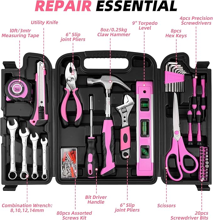 125 PCS Pink Household Tool Set, Pink Ladies Basic House DIY Toolkit Set for Home Garage Office College Dormitory Use, Hand Tool Kits for Women