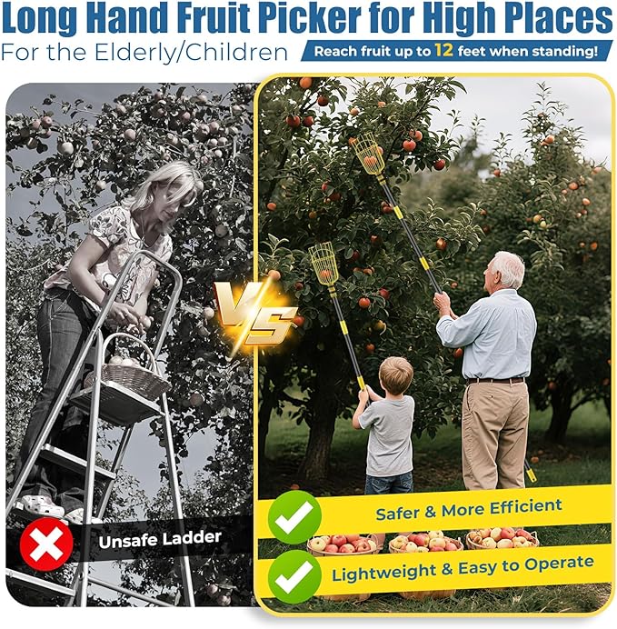 Fruit Picker Pole Tool – Ladder-Free Harvesting Aid, Safe for Elderly and Children, Durable Stainless Steel Design – Adjustable Long Pole Picker for Apples, Avocados, Oranges, Grapefruit, Plums, Pear
