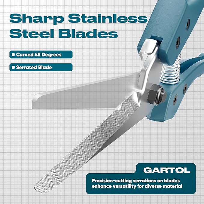 GARTOL 8" Scissors All Purpose Heavy Duty, Ultra sharp Tin Snips with Cable Notch, Finely Serrated Angled-Blades - Industrial Scissors for Carpet, Cardboard, Sheet Metal, Leather, Insulation, Wires