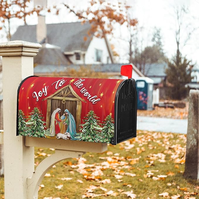 Kawani Christmas Magnetic Mailbox Cover - Merry Christmas Joy to The World - Standard Size 21x18 Inch Winter Holiday Xmas Decorative Post Letter Box Cover for Garden Yard Decor