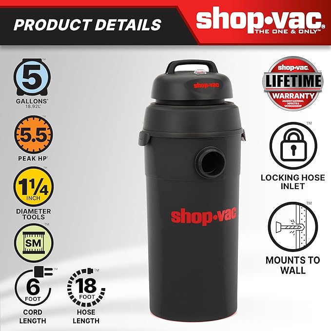Shop-Vac 9522205 5 Gallon 5.5 Peak HP Hangup Wet/Dry Vacuum, 1.25 Inch Diameter x 18 Foot Hose, 6 Foot Cord, Wall Mount Included, Ideal for Garage, Workshop & Home