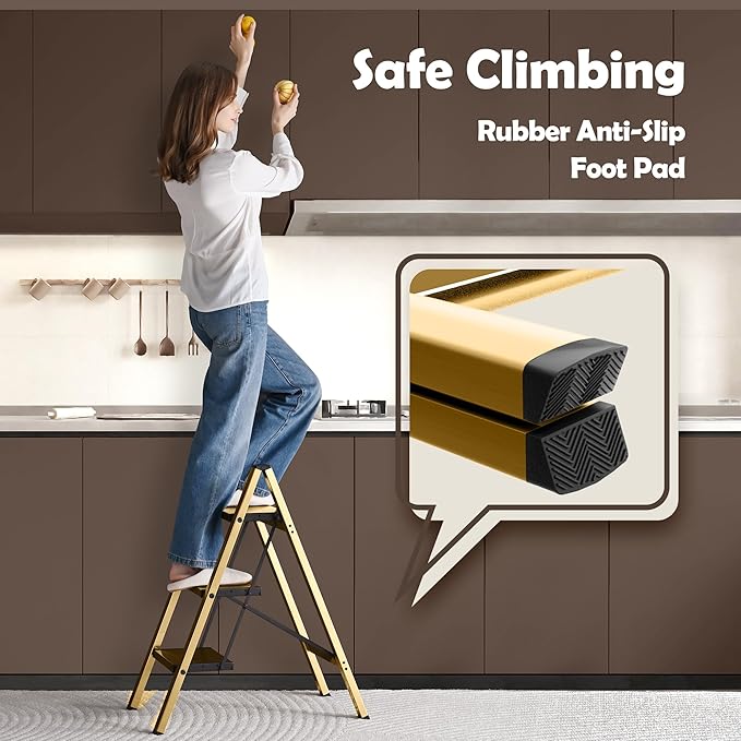 Taranta 3 Step Ladder,Aluminum Lightweight Folding 3 Step Stool with Anti-Slip Wide Pedal,330lbs Capacity Step Ladder for Household,Kitchen,Office - Gold