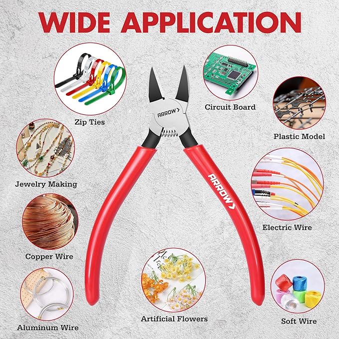 ARROW 6" Precision Wire Cutters - Spring Loaded Side Cutters, Ultra-Sharp Flush Cut Pliers, Diagonal Cutting Pliers with Non-Slip Handle for Jewelry Making, Crafts, Electronics, Zip Ties, DIY Models