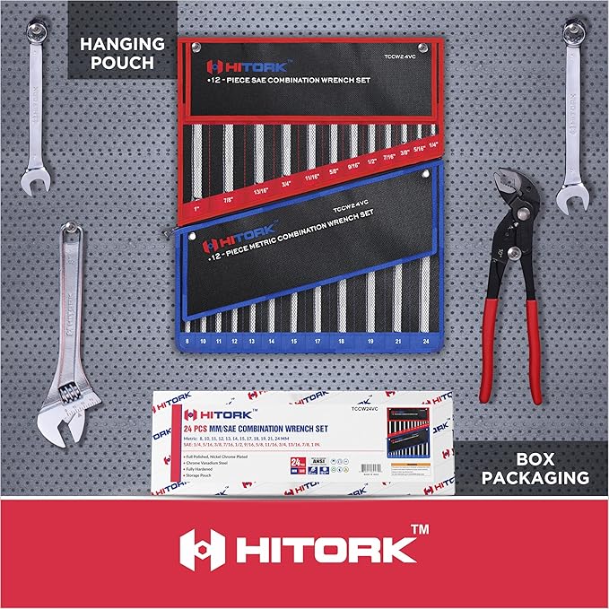 Hitork 24-Piece Combination Wrench Set, SAE (1/4"–1") & Metric (8–24mm), Cr-V Steel, Mirror Chrome Finish, 12-Point Box End, 15° Offset, with Roll Pouch – Ideal for Home, Garage & Auto Repair