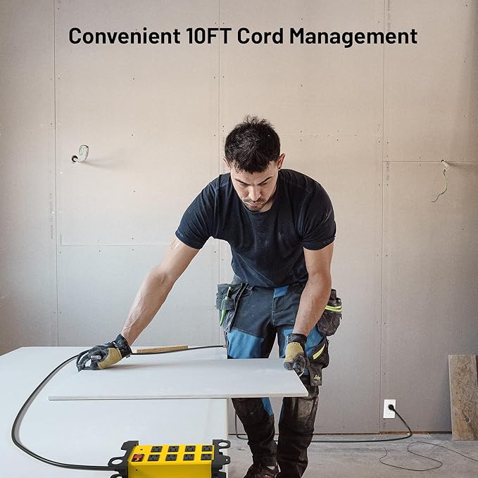 Heavy Duty Power Strip 8 Outlets - Surge Protector 2700J with 10FT Long Extension Cord, Industrial Metal Powerstrip 15Amp, Wall Mount Plug for Garage Workshop Outdoor Home Office, Wide Spaced (10ft)