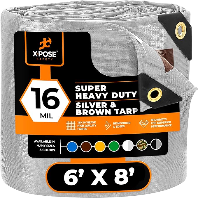 6' x 8' Super Heavy Duty 16 Mil Silver/Brown Poly Tarp Cover - Thick Waterproof, UV Resistant, Rip and Tear Proof Tarpaulin with Grommets and Reinforced Edges - by Xpose Safety