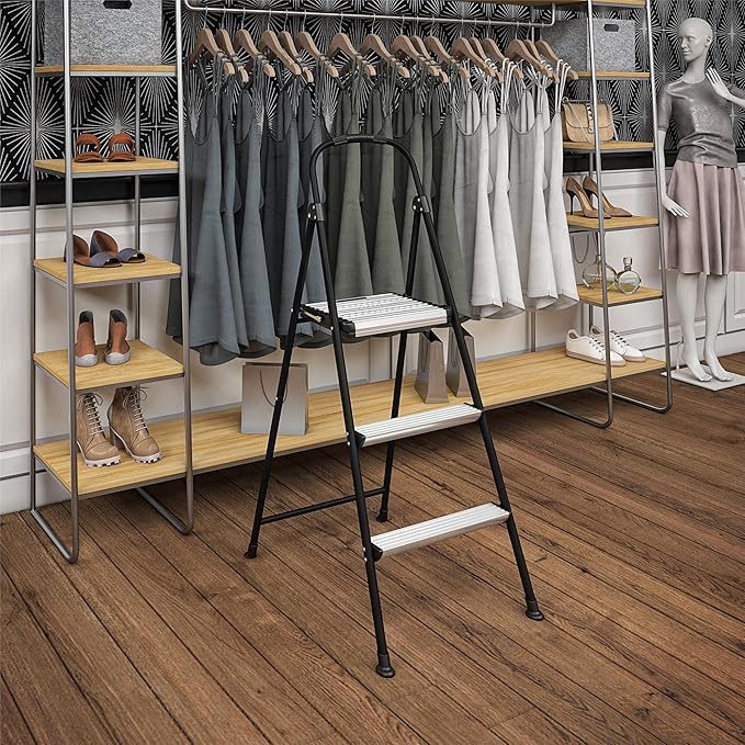 COSCO Lightweight Three-Step Folding Step Stool for Home Use - Large Platform, One-Hand Release, Non-Marring Leg Tips, Aluminum and Steel Frame