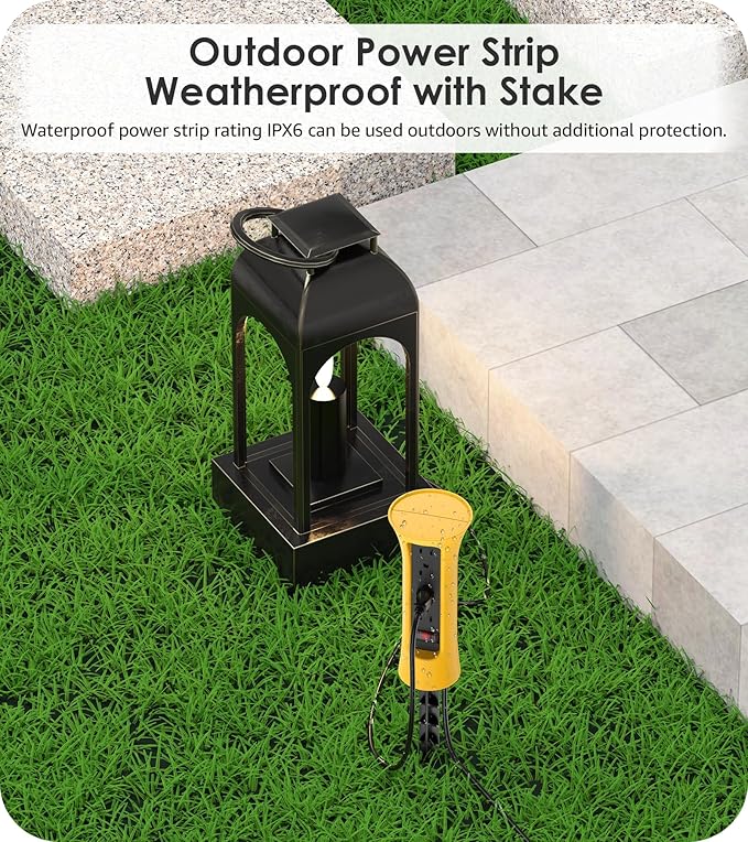 CCCEI Outdoor Power Strip Weatherproof with Stake, Waterproof Extension Cord with Multiple Outlets, Christmas Exterior Garden Decor, Yard, Camping, 4 Plugs, Surge Protector 10FT, Yellow.