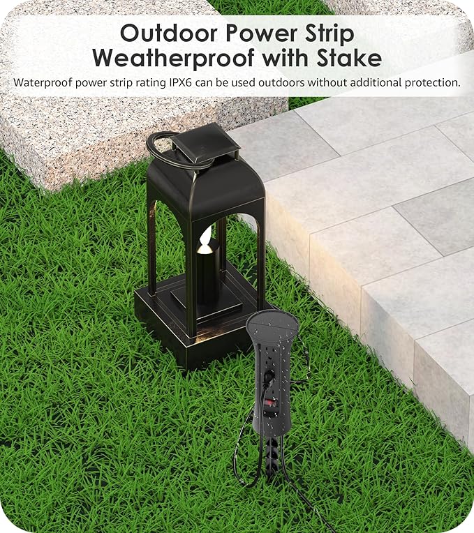 CCCEI Outdoor Power Strip Weatherproof with Stake, Waterproof Extension Cord with Multiple Outlets, Christmas Exterior Garden Decor, Yard, Camping, 4 Plugs, Surge Protector 25FT, Black.