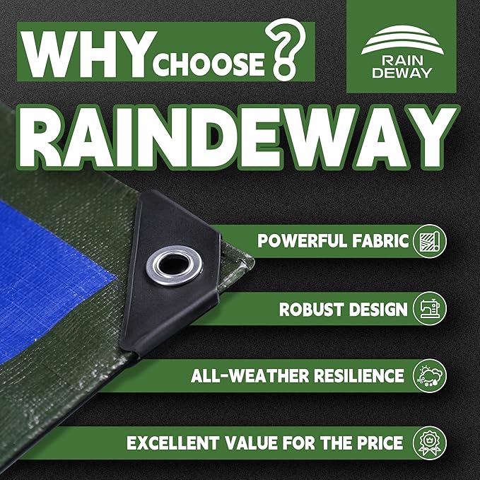 RAINDEWAY Tarps Heavy Duty Waterproof 12x12 Feet,10.5 Mil Waterproof Tarps for Outdoors,Multipurpose Poly Tarp Cover with Metal Grommets and Reinforced Edges,Green/Blue