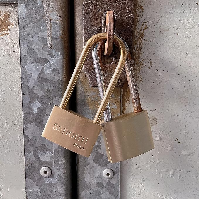 Weather Proof Lock, Solid Brass Padlock with Brass Long Shackle, 1-1/2" Wide, Light Duty Small Marine Grade Padlock