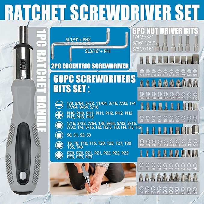 100-Piece Magnetic Screwdriver Set with Plastic Rack, Includes Slotted/Phillips/Torx Precision Drivers, Non-Slip Rubber Handles, Multi-Purpose Screwdrivers, Best Tools Men Gift (Grey)