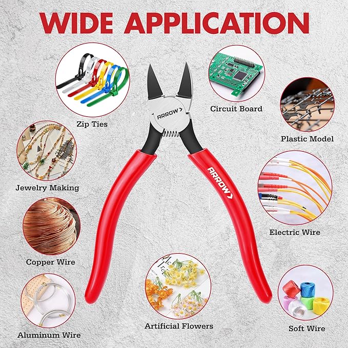 ARROW 7" Precision Wire Cutters - Spring Loaded Side Cutters, Ultra-Sharp Flush Cut Pliers, Diagonal Cutting Pliers with Non-Slip Handle for Jewelry Making, Crafts, Electronics, Zip Ties, DIY Models
