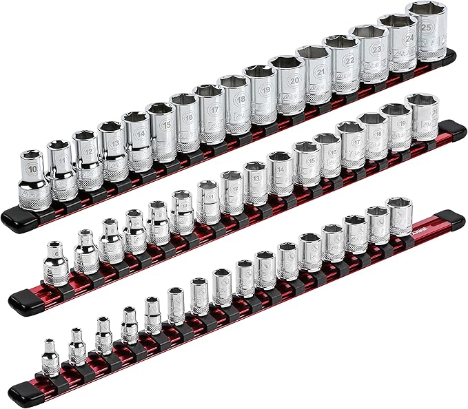 ARES 70204-3-Piece Aluminum Socket Organizer - 1/4-Inch, 3/8-Inch, and 1/2-Inch Drive Socket Rails Hold 48 Sockets and Keep Your Tool Box Organized